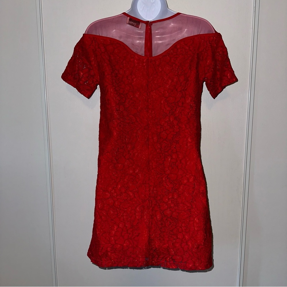 Red Valentino Valentino Christmas Red Short Sleeve Lacy Dress w/Silk Yoke-Medium - Picture 3 of 10